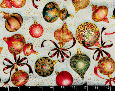 Tina Scrap 9''x21'' Christmas Bulb Metallic Gold Ornament Swirl Snow FABRIC COTTON