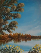 Autumn Lake – 20x16 Original Painting, Rural Landscape Tree Realism Art
