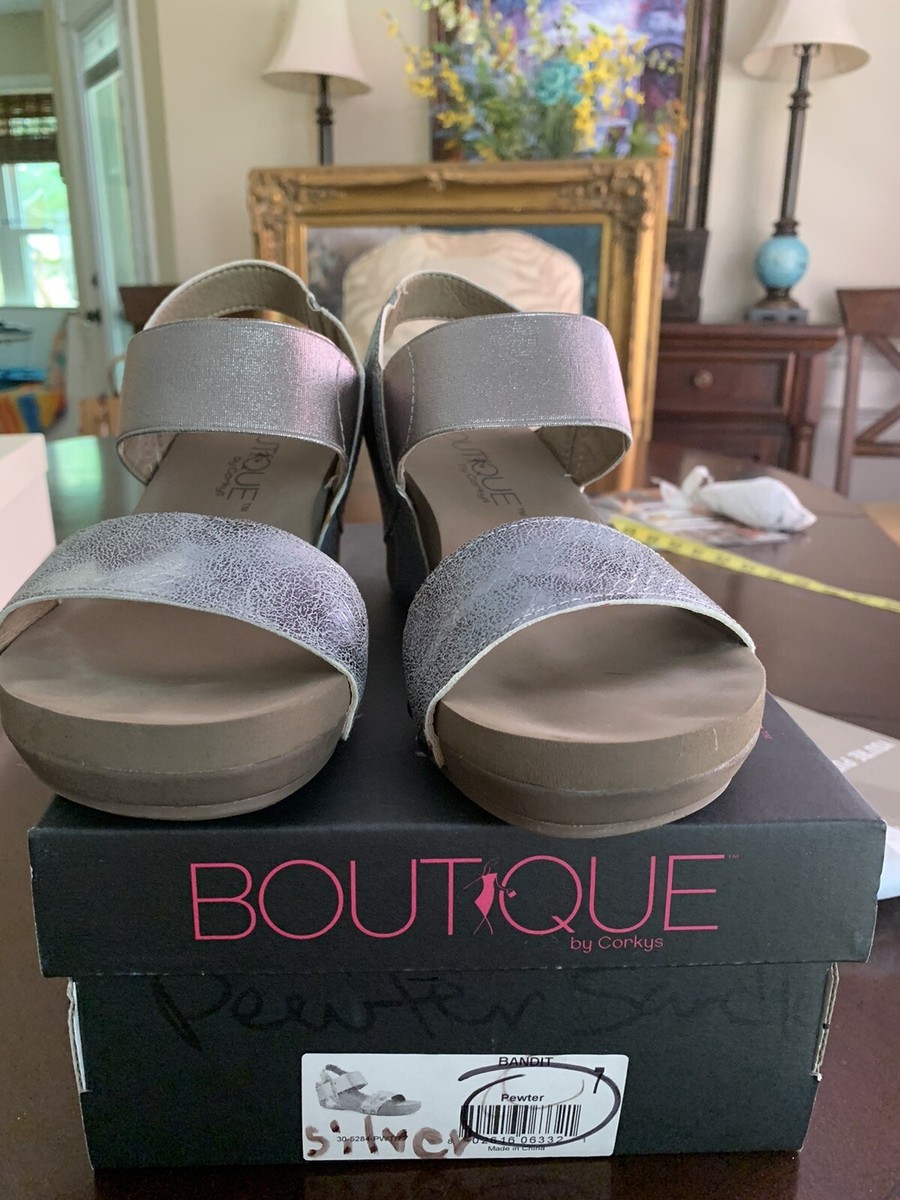 boutique wedge platform sandals, pewter in color, size