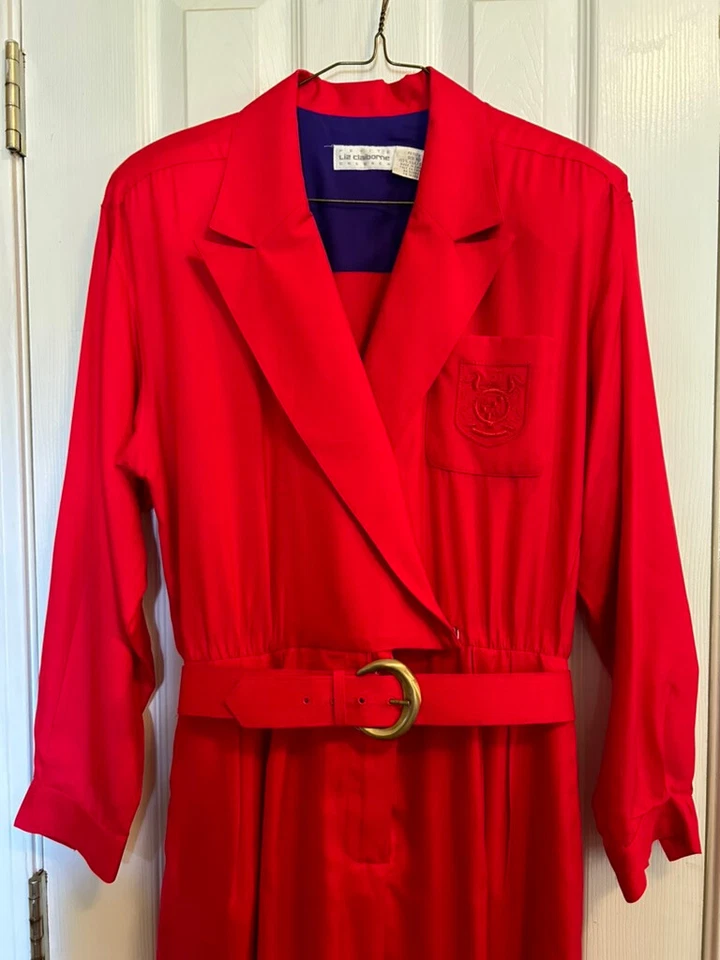 Vestido Vintage Liz Claiborne Petite Rojo Manga Larga Seda Bolsillos Talla 10 con Cinturón Foto 3 de 4