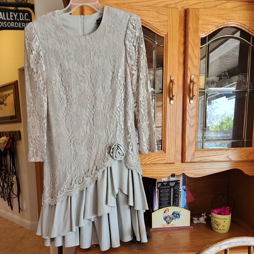 Vintage David Rose Size 8 Gray/Seafoam Cocktail Dress Lace Tiered Rose Skirt USA - Picture 13 of 14