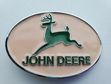 John Deere logo vintage pink belt buckle silver tone oval