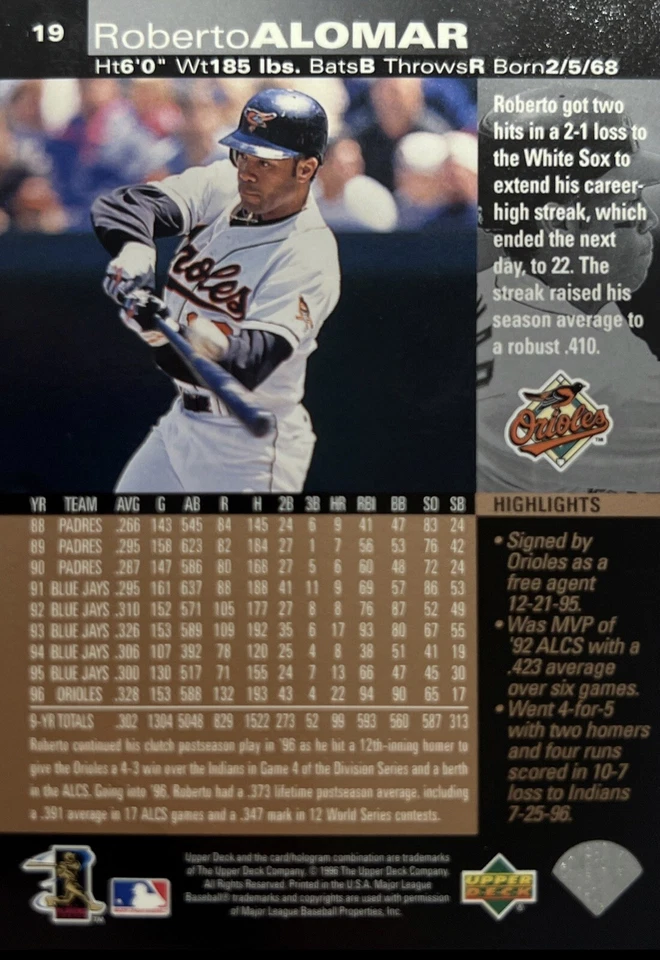 1997 Upper Deck Roberto Alomar HOF Baltimore Orioles #19 NMMT - Image 2 of 2