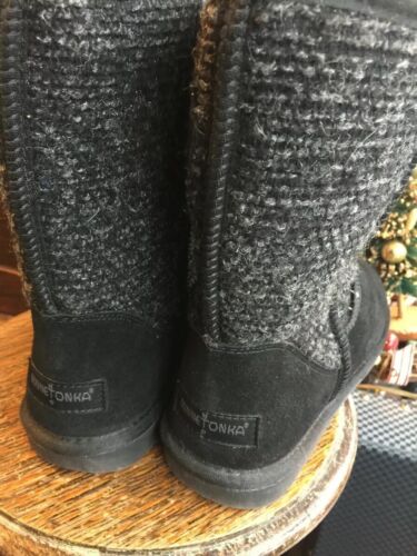Minnetonka Hoch Wildleder Tweed Stiefel Schafsfell/Wolle Futter Black 10M, Neu - Bild 7 von 9