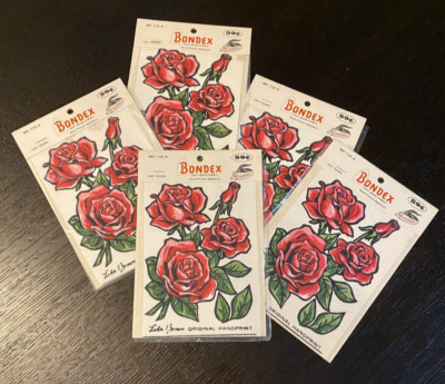 1960's Bondex Iron-on Hand Printed Rose Applique Atom Red, Permacel lot of 6 NOS
