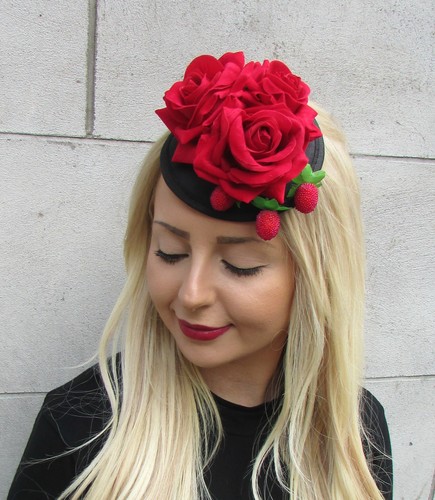 Black Red Rose Strawberry Hat Headpiece 