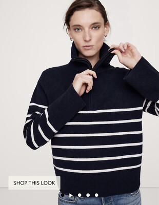 Banana Republic 100% Cashmere Half-Zip Sweater Navy Blue White