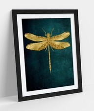 GOLD DRAGONFLY DARK TEAL BACKGROUND HOME FRAMED WALL ART POSTER PRINT 4 SIZES