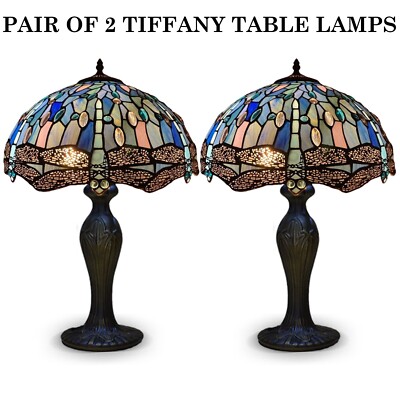 Paar 2 blaue Libelle Tiffany Stil 16 Zoll Tischlampe Buntglasschirm UK
