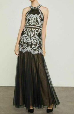 NWT 495 BCBG MAXAZRIA DRESS GOWN BLACK WHITE LACE 8 M LONG MAXI EMBROIDERY  | eBay