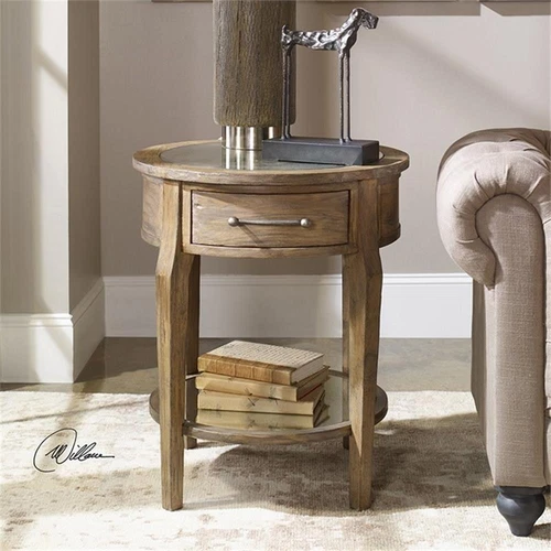 Uttermost Raelynn 1-Drawer Wood Mirrored Top End Table in Weathered Pecan - Picture 2 of 6