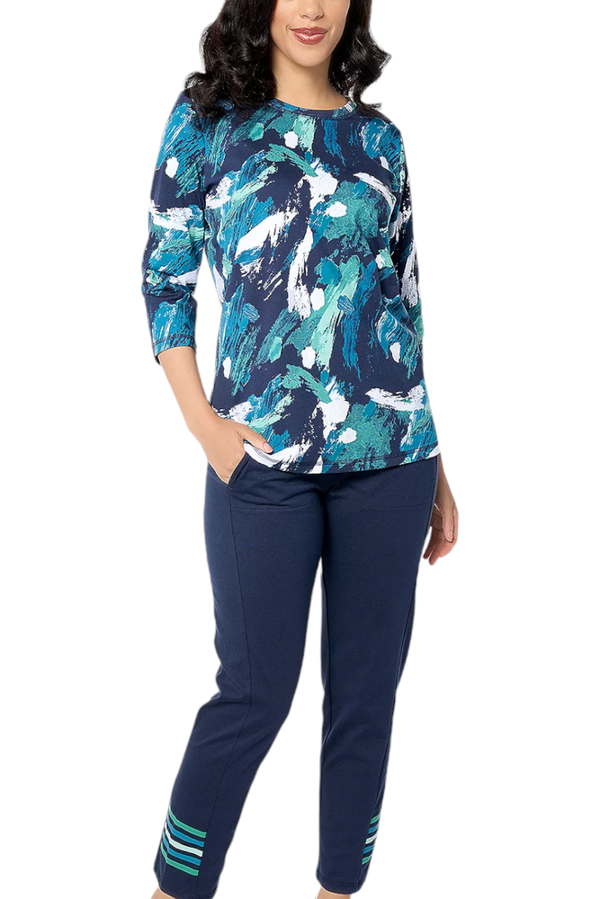 Sport Savvy Abstract Long Sleeve Top and Pant Set Navy Abstract