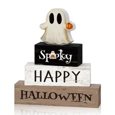 Smile Halloween Wooden Block Decor Set Ghost Pumpkin Spooky Tabletop Black