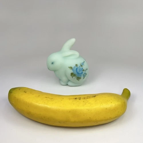 Fenton Blue Satin Chubby Bunny Figurine Hand Painted Blue Roses Signed KAY DAVIS