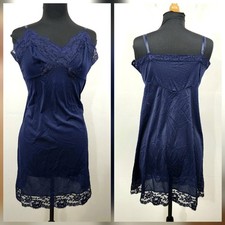 Vintage Nylon Full Slip Mini Dress Navy Blue Sheer Bust Lace Trim Adjustable M
