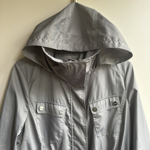 Calvin Klein Vtg Rain Trench Jacket L Grey Silver Utility Hooded Military Coat - Picture 4 of 18