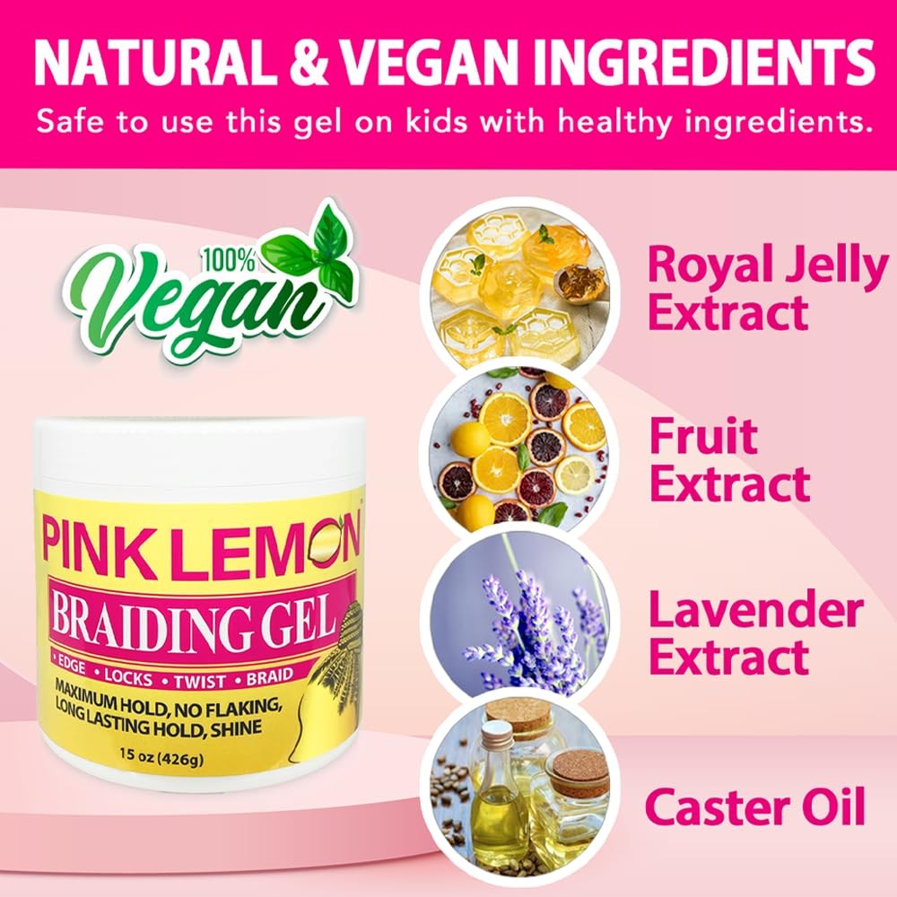 Pink Lemon Braiding Gel 10oz Maximum Hold No Flaking High Shine All Hair Types