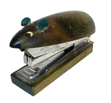 Vtg Mouse Shaped Wooden Stapler Paper Ears String Tail Japan MCM Office Decor