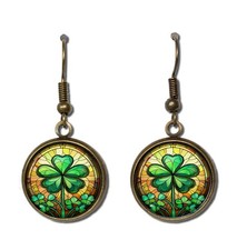 St. Patrick's Day Green Clover Faux Stained Glass Round Resin Dangling Earrings