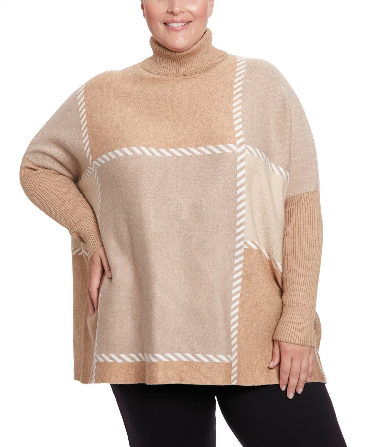 Joesph A Plus Size 2X Stitched Colorblock Turtleneck Poncho Sweater Brown $88