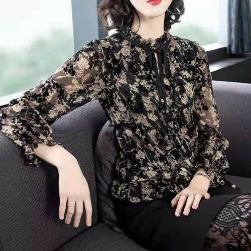 Camicia blusa donna pizzo cravatta fiocco sciolto casual chiffon floreale manica lunga - Foto 4 di 10