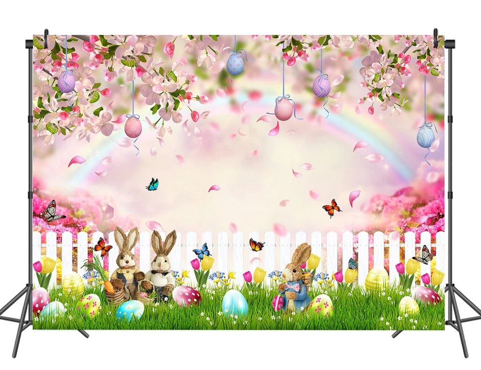 Primavera Rosa Pascua Jardín Conejito Telón de Fondo Fiesta de Pascua Huevo Mariposas Decoración Foto 4 de 4