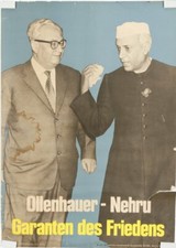 Farbiges Wahlplakat der SPD um 1957. "Ollenhauer - Nehru. Garanten des Friedens"