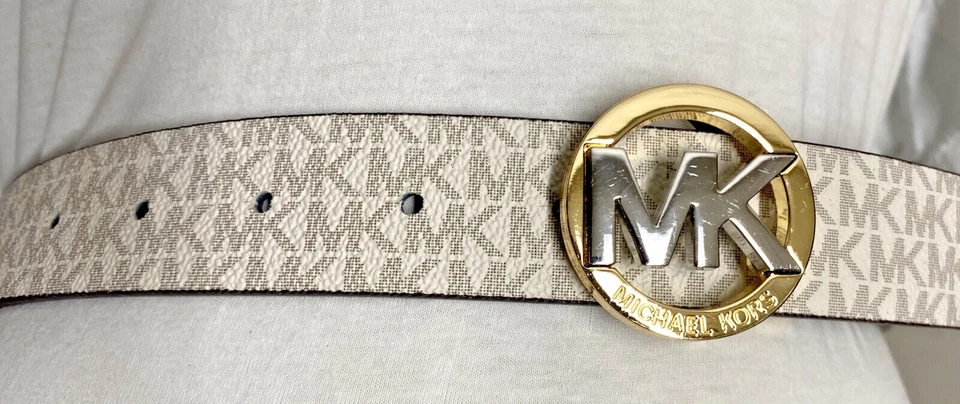 Cinturón Michael Kors Reversible MK Logo Vainilla/Coñac Dos Tonos Logo Hebilla!! ¡Sí! Foto 2 de 4