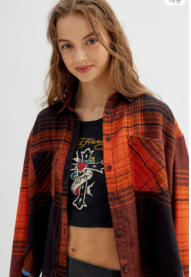 NWT BDG UO M Women Comfy Slouchy Oversized Plaid Flannel Button Front Shirt Red