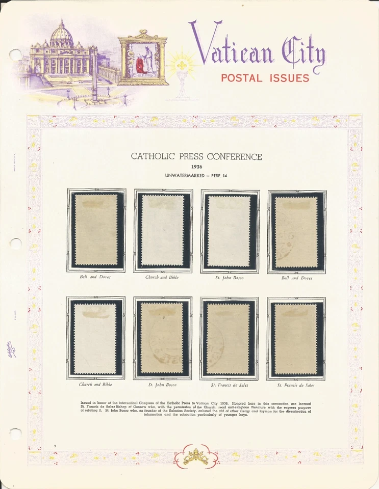 VATICAN CITY - 1936 - Postage Issues - WHITE ACE PAGE no 7 - used and CTO - Image 2 of 2