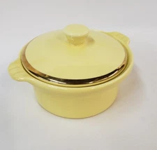 Covered Dish Pot Tureen Yellow Gold Trim Jar Pot USA Pottery Stoneware Vintage
