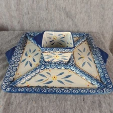 Temp-Tations by Tara Chip and Dip Serving Tray/Plate OLD WORLD BLUE w/Dip Bowl