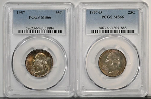 2pc Lot 1957 P & D Washington Quarters PCGS MS66 Nice Original Tone 5863 & 5862