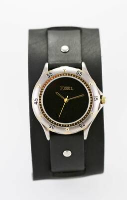 Fossil Watch Mens Black Leather Stainless Steel Silver Gold