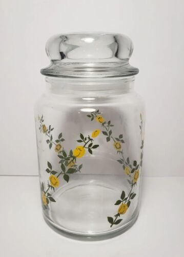 Anchor Hocking Apothecary Jar Climbing Yellow Roses Glass Bubble Lid Vintage  - Picture 1 of 5