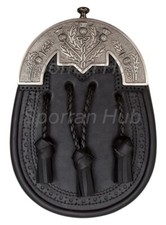 Real Black Leather Full Dress Traditional Kilt Sporran with Antique Finish