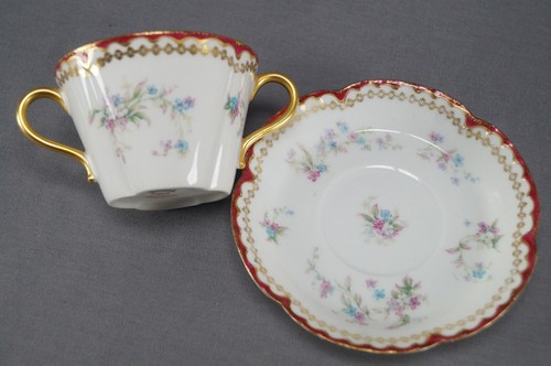 Haviland Limoges Pink & Blue Floral Red & Double Gold Gilt Bouillon Cup & Saucer - Picture 2 of 12