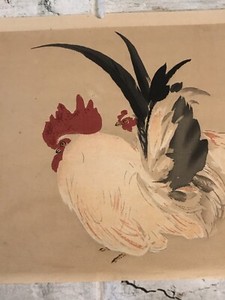 Original SEIHO (1864-1942) Rooster and Hen Colored Woodblock Print  Japan