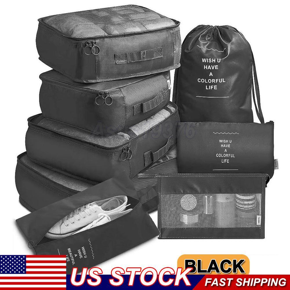 8x Packing Cubes Luggage Storage Organiser Travel Compression Suitcase Bag Black-image