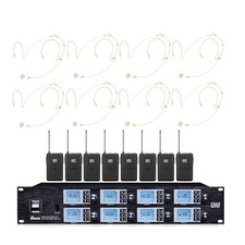 8 Channel UHF Church Wireless Microphone System with 8 Headset Microphone Beige