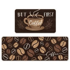 But First Coffee Themed Kitchen Rugs Set of 2 Coffee Bean Brown Kitchen Mats ...