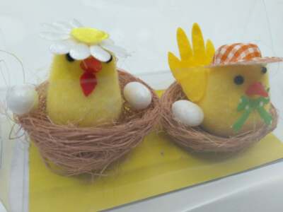 Cute Chenille Chicks in Nests for Easter Decorating under Ceramic Christmas Tree