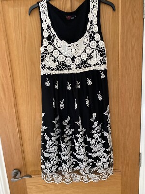 yumi black mini dress with cream/white lace, crochet and bead