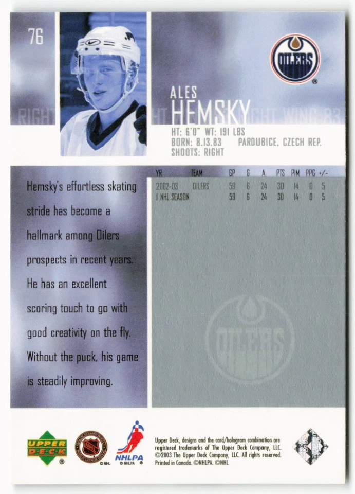 2003-04 Ales Hemsky Upper Deck - Edmonton Oilers - Image 2 of 2