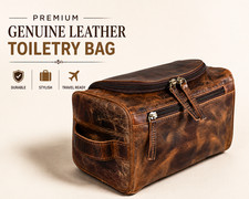 Genuine Buffalo Leather Toiletry Bag Travel Dopp Kit Shaving Case For Men Women