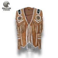 Native American Brown Indian Beaded Suede Leather Fringe Vest