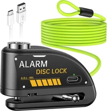 Rechargeable Motorcycle Lock with 120db Alarm and 6FT Steel Reminder Black