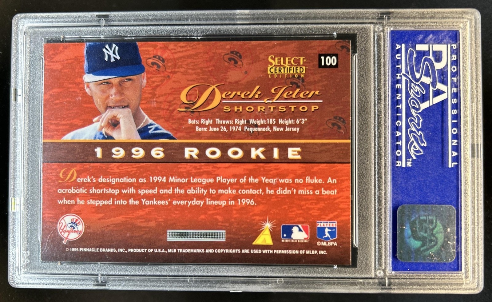 1996 Pinnacle Select Certified Derek Jeter Artist's Proofs #100 Yankees PSA 9 view 2