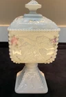 Vintage WESTMORLAND Milk Glass Hand Painted Pedestal Candy Dish With Lid