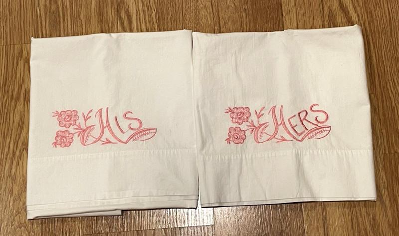 Vintage Embroidered His & Hers Cotton White Set Pillowcases- Floral -MCM-Sweet!